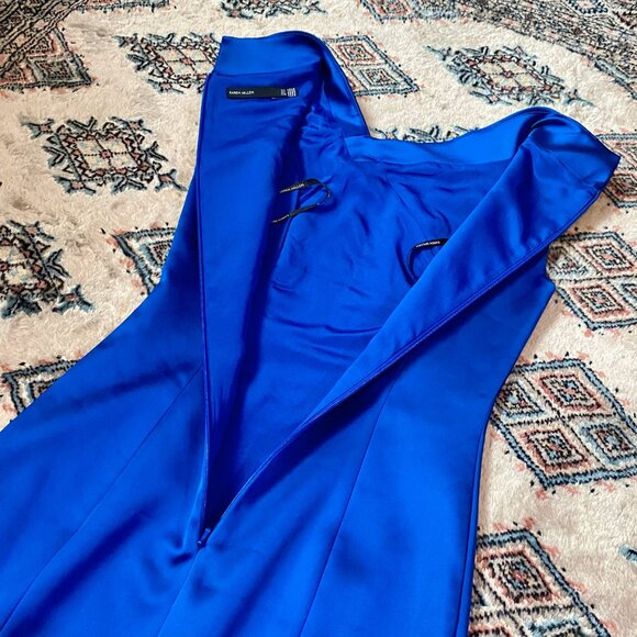 Stunning Karen Millen Electric Blue Satin Folded Collar Sleeveless Dress Size 4 - Picture 11 of 16